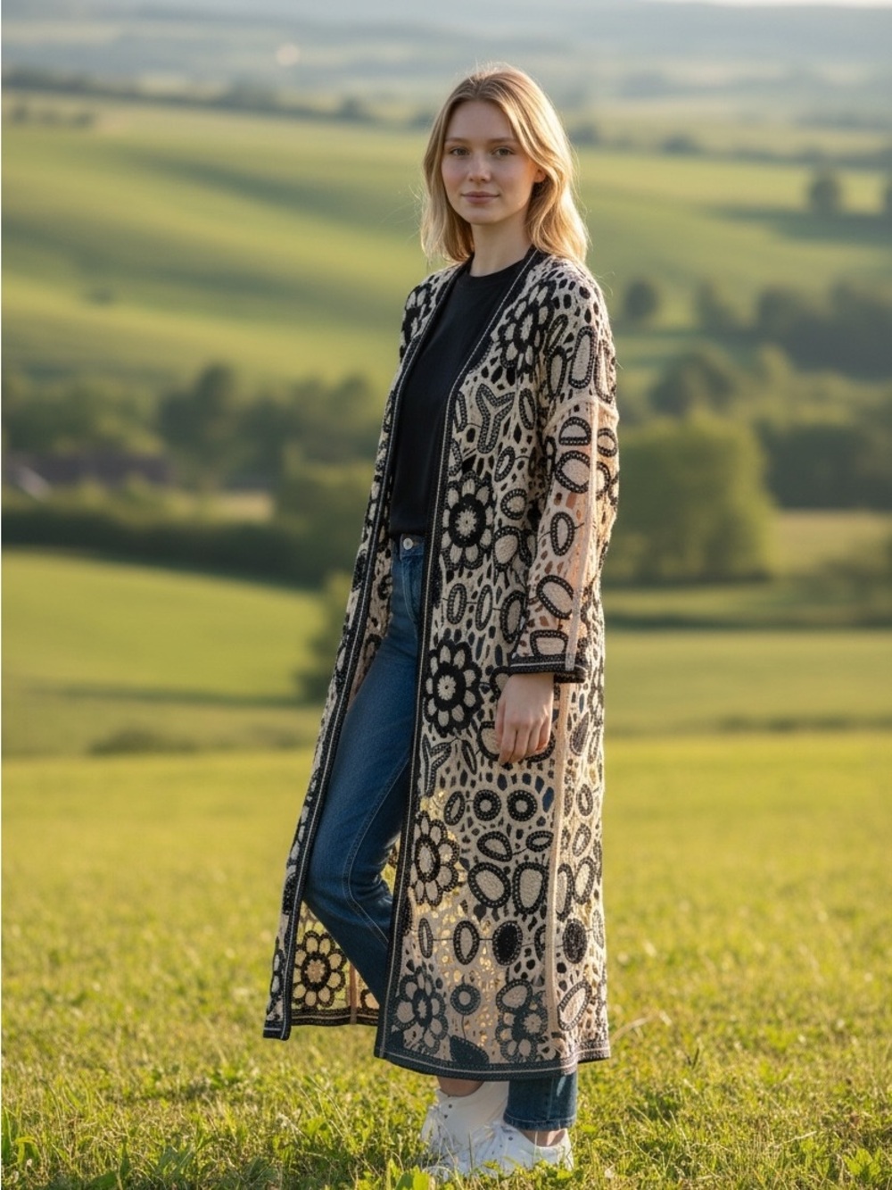 POL Midi Open-Front Patterned Duster Coatigan - Black & Cream